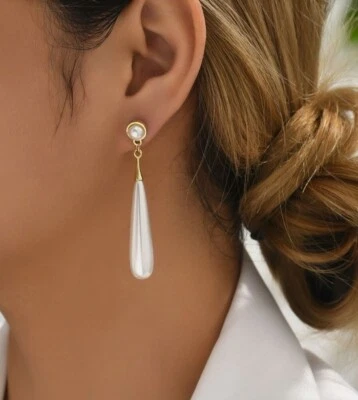 Womens Elegant Long Water Drop White Faux Pearl Gold Decor Dangle Drop Earrings - Image 1 of 4