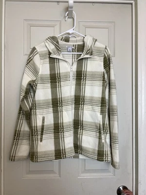 O’Neill Plaid Fleece Hoodie half zip / front pockets Olive/cream color. W Small - Image 1 of 4
