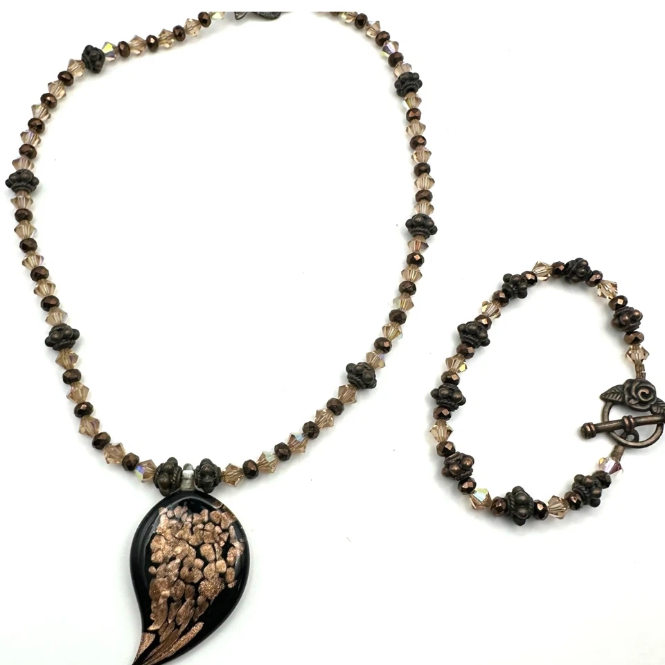 Conjunto de joyas collar pulsera hoja de vidrio vaquera costera marrón manchas de cobre  Foto 1 de 4