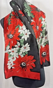 Vera Neumann Bufanda de Seda Rectángulo Largo 54” x 11”. Pinsettias Rojo Negro Vintage - Imagen 1 de 5