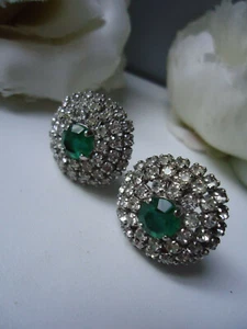 CHRISTIAN DIOR Emerald Green Glass & Rhinestone Bullseye Earrings Vtg 1950-70s - Picture 1 of 13
