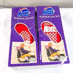 Vintage New Keds Slipper Socks set 2 pairs girls one size red gripper kids boys - Picture 1 of 6