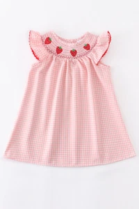 NEW Boutique Strawberry Girls Embroidered Smocked Pink Dress