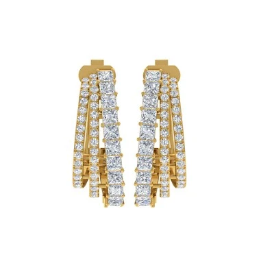 3.72 Ct Lab Grown CVD Princess Cut Diamond Hoop Earrings 18k Yellow Gold Jewelry - Image 1 of 4