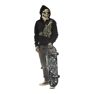 Boys Bonehead Skater Hoodie Mask Punk Skeleton Halloween Costume Teen XL 12/14 - Image 1 of 2