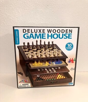 Deluxe Wooden Game House (10 Games) chess checker pachisi dice solitaire & more - Image 1 of 2