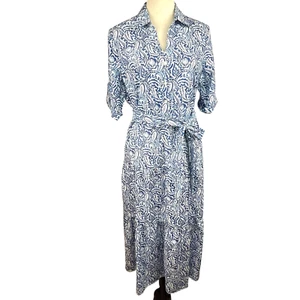 J. Mclaughlin Janelle Tiered Midi Dress Sz L Silk Blend Blue White Scroll - Picture 1 of 15