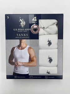 New US POLO ASSN 4 Pack Logo Ribbed White Tanks Shirts NIB Classic Fit Men’s S - Picture 1 of 3