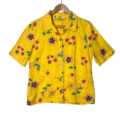 Niño Azul Vintage 100% Lino Amarillo Floral Camisa Abotonada Ambiente Boho Talla M Foto 1 de 4