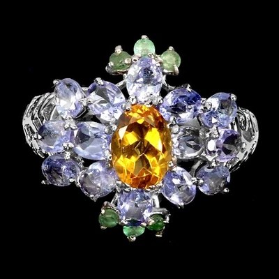 925 Sterling Silver Ring Oval Citrine 7x5mm Emerald Tanzanite Gemstone Size 8.5 Foto 1 de 4