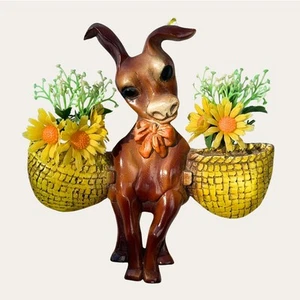 Vintage Donkey Wall Hanging with Flower Baskets – 9.5" Chalkware Resin Composite - Picture 1 of 7