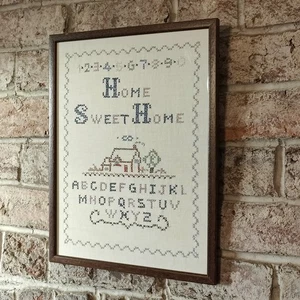 Vintage Sampler Home Sweet 30er Jahre Antik Stickerei Gerahmt Kreuzstich Wandteppich - Bild 1 von 13
