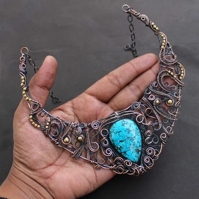 Collar envuelto en alambre de cobre turquesa tibetano piedras preciosas joyería hecha a mano 18" Foto 1 de 4