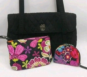 3 Pc Vera Bradley Black Shoulder Bag Purse & Pouch & Coin set Purple Pink EUC - Picture 1 of 24