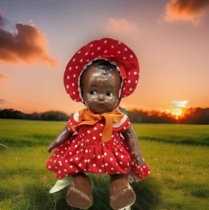 Adorable Vintage 11” Composition Baby Doll in Charming Red Polka-Dot Outfit! - Picture 1 of 12