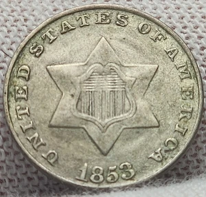 1853 Silver 3 Cent Trime ~ XF+ / AU - Great Eye Appeal - Pre Civil War - R-53w - Picture 1 of 4