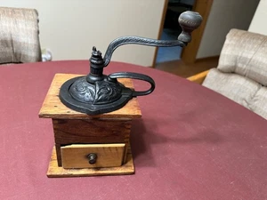 Antique Sculptured Cast Iron Coffee Mill Grinder With Dovetail Wood Construction - Picture 1 of 13
