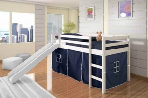 White Wooden Junior Loft Bed with Slide Navy Tent Twin Size Bunk Kids Play Area - Picture 1 of 2