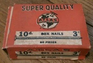 Vintage Box of ATLAS Super Quality Nails 10d. 3" Made in USA (partial contents) - Picture 1 of 5