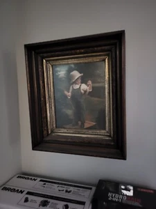 Antique Burl Wood Picture Frame With Boy Catching Fish - Picture 1 of 5