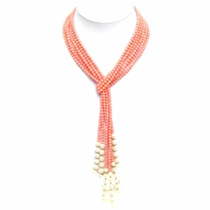 3mm Natural Pink Coral Necklace Women White Pearl 3 Strands Long Necklace 45'' - Picture 1 of 19