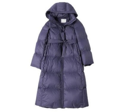 Women White Duck Down Coat Hooded Jacket Mid-Length Thick Overcoat Warm Belted - Image 1 of 4