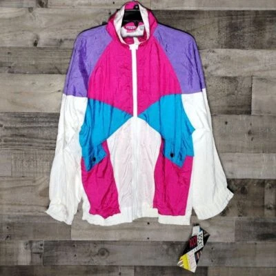 全新带标签 复古 90 年代 Rock Creek 拉链多色霓虹风衣夹克 尺寸 M — 第 1/4 张图片