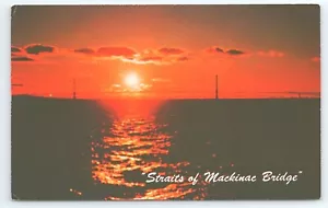 Postcard Straits of Mackinac Bridge Joining Michigans Peninsulas Setting Sun - Picture 1 of 2