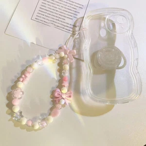 Pink Bowknot Cellphone Lanyard Phone Chains For Women Girls Bead Phone Charm - Zdjęcie 1 z 3