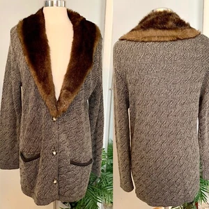Vintage Liz Claiborne brown cardigan Sweater Faux Fur Collar M Old Money Preppy - Picture 1 of 12