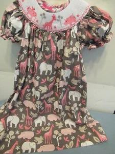 G) Girls Hand Smocked Size 4 Brown Pink White Animals Claire and Charlie - Picture 1 of 13