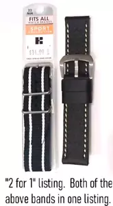2 for 1 (1 New Black w/White Stitching & 1 Nylon EZ One Piece) 22mm Watch Bands - Picture 1 of 17