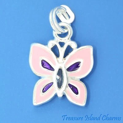 Dije de plata de ley maciza 925 con cuerpo de cristal púrpura con mariposa rosa esmaltada Foto 1 de 2