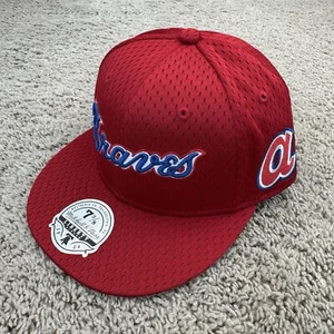 Atlanta Braves Hat Fitted 7 3/8  M&N Red Mesh BP Blue Script Side Patch Cap NWT - Picture 1 of 10