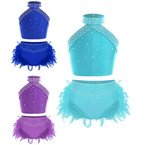 Kids Dance Outfits Piece Halter Sleeveless Crop Tops Feather Skirt Set Dancewear - Picture 1 of 26