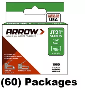 Arrow Fastener # 214 JT21 TR45 1000 Pack 1/4" Staples - 60 Packages - Picture 1 of 9