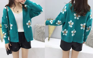Women Knitted Open Front Button Cotton Floral Cardigan Long Sleeve Top Sweater - Picture 1 of 6