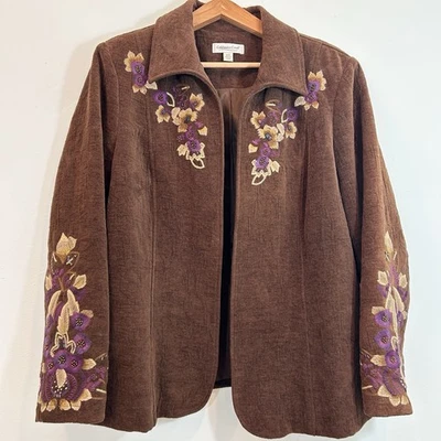 Coldwater Women’s Brown Purple Floral Embroidered Open Jacket 18W Plus Boho - Image 1 of 4