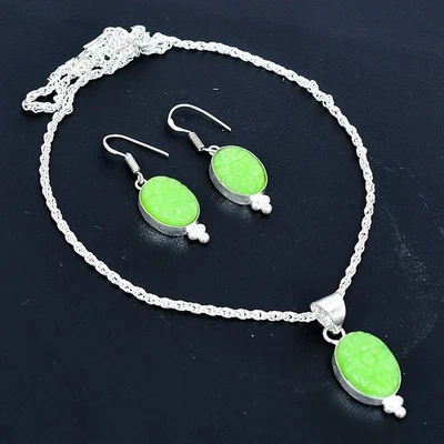 Juego de collar y pendientes hechos a mano enchapados en plata 925 de calcedonia verde de 17"-18" Foto 1 de 3