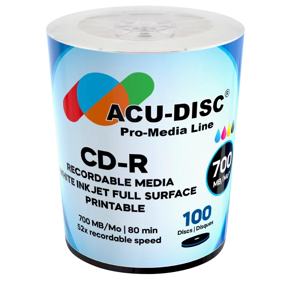 100x Blank ACU-DISC White Inkjet Printable CD-R 'H Sat' Full Face (52x) 700MB