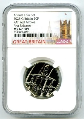 2025 GREAT BRITAIN 50P UNC NGC MS67 DPL ROYAL AIR FORCE RED ARROWS FIRST RELEASE - Image 1 of 2