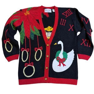 Sharon Young Vintage Holiday Cardigan Sweater Swan Poinsettia Ornament Black Red - Picture 1 of 10