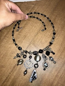 Treska Wire Wrap Around Choker Necklace Black & Silver Dangle Beads Beaded - Picture 1 of 3