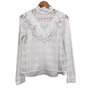 Maje High Neck Lace Top Size 2 UK 10 White Ruffles Camisole Layer Long Sleeve - Picture 1 of 8