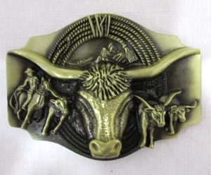 Longhorn Cow and Cowboys Western Belt Buckle - Picture 1 of 6