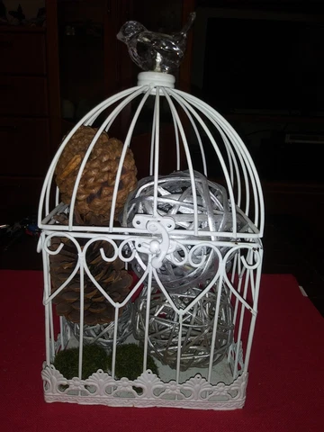 Decorative Metal Bird Cage.Color White.12"t X 6" W X 4"d.Plastic Bird On Top Cover
