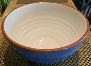 SbV Terra Cotta Mixing Salad Serving Bowl Blue White w/Brown Edge 9.25"w x 5"t - Picture 1 of 10