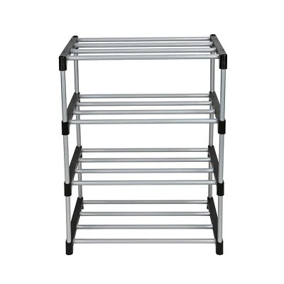 Zapatero de 4 niveles negro y plateado, tubos de metal y conectores de plástico Foto 1 de 4