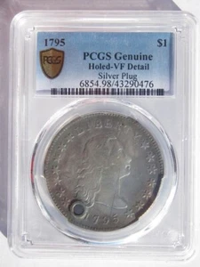 1795 FLOWING HAIR $1 DOLLAR SILVER PLUG RARE DATE PCGS VF DETAIL NEAT PROVENANCE - Picture 1 of 4