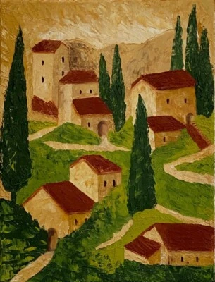 Ölbild "Dorf in der Toscana" Zeichnung Gemälde Original Dekoration Keilrahmen - Bild 1 von 2